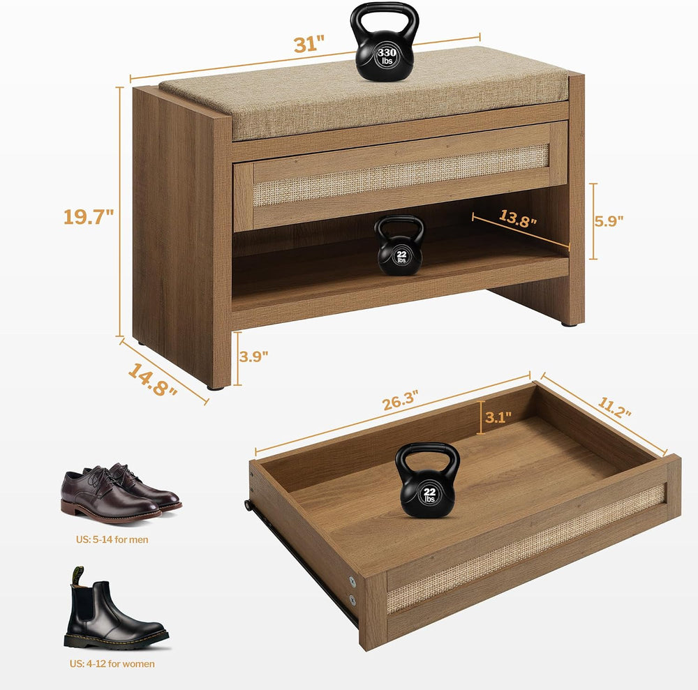 SICOTAS Rattan Shoe Bench Entryway Bench with Storage Drawer, Linen Cushion |...
