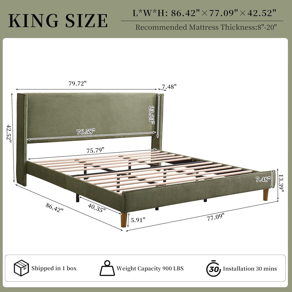 King Corduroy Upholstered Platform Bed with Headboard Wingback, Turtle