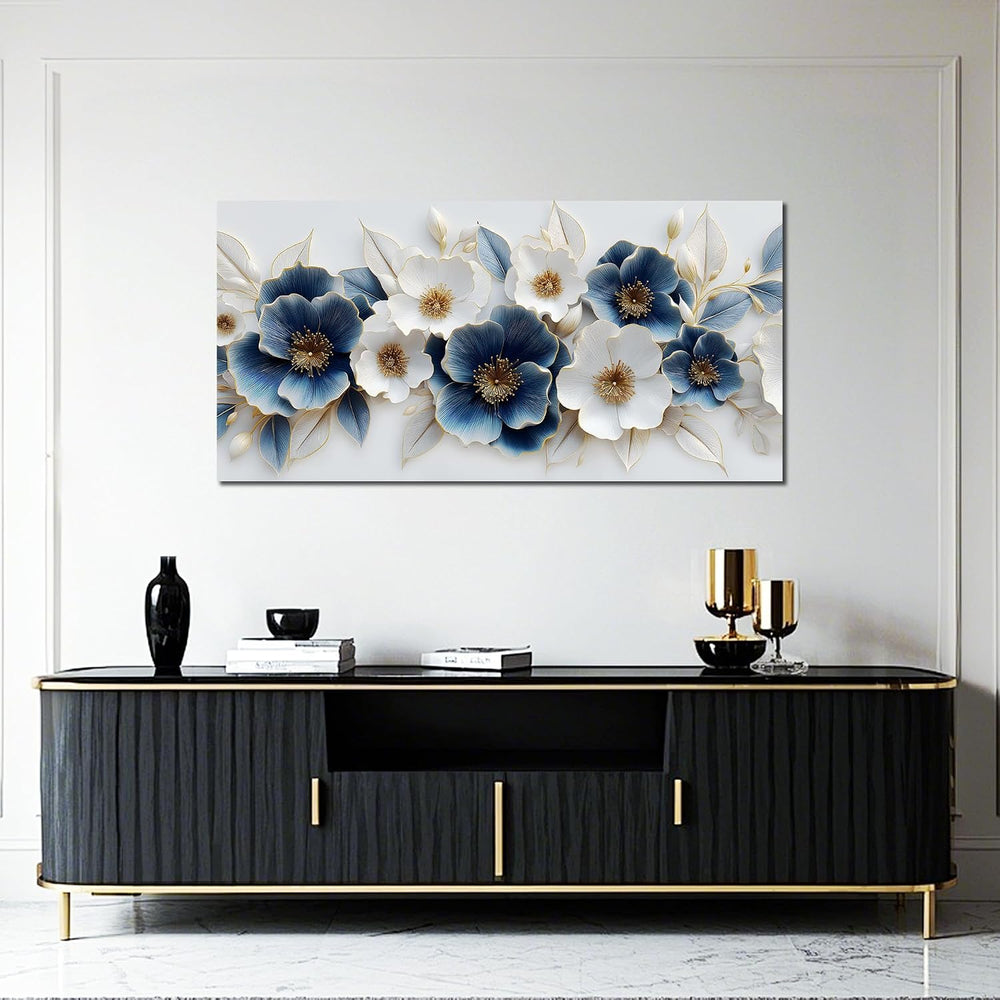 Large Canvas Wall Art for Living Room Blue and White Floral Print Painting wa...