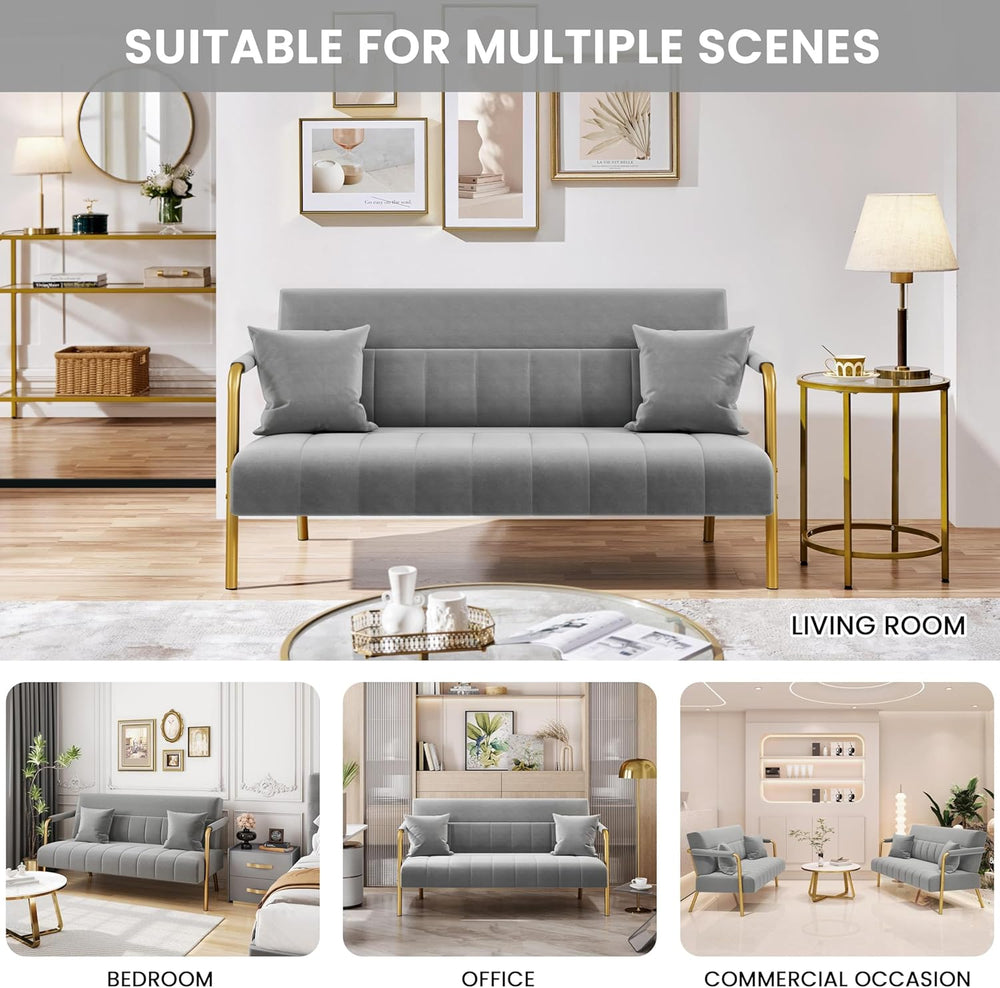 Yaheetech 56.5" Small Sofa 2 Seater Couch with Gold-Tone Legs, Light Gray