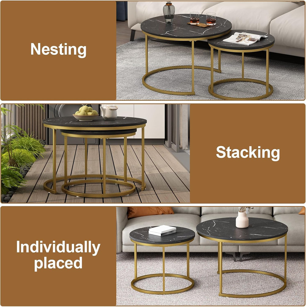 Nesting Coffee Table Set of 2, Wooden Marble Top (Black+Gold) | Nesting Table...
