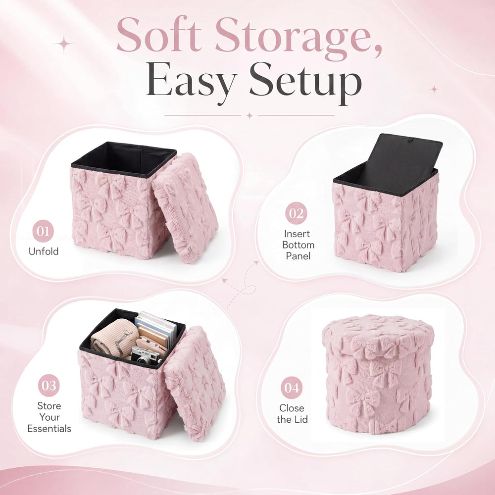 RattanView Storage Ottoman Dorm 12 Inch Pink Bow Cube Ottoman Dorm Back to Sc...