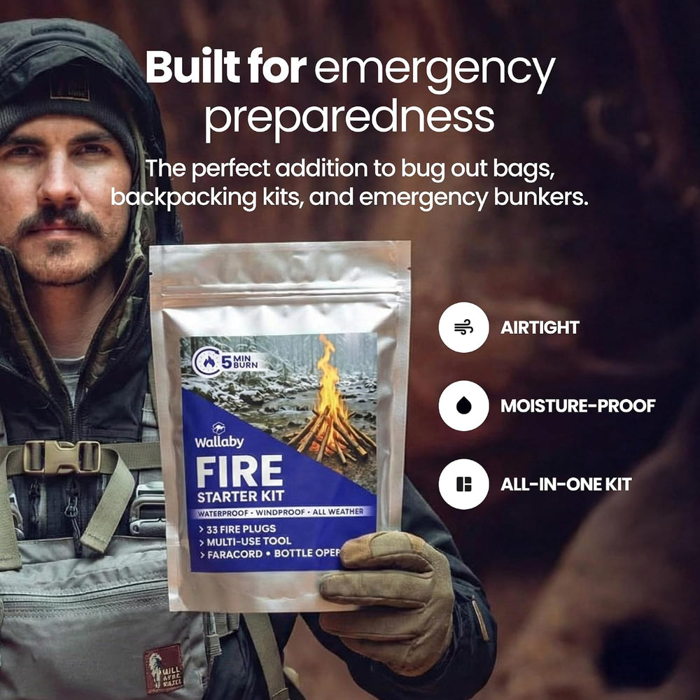 Wallaby Waterproof Emergency Fire Starter Kit & Flint Rod Striker (33-pack)