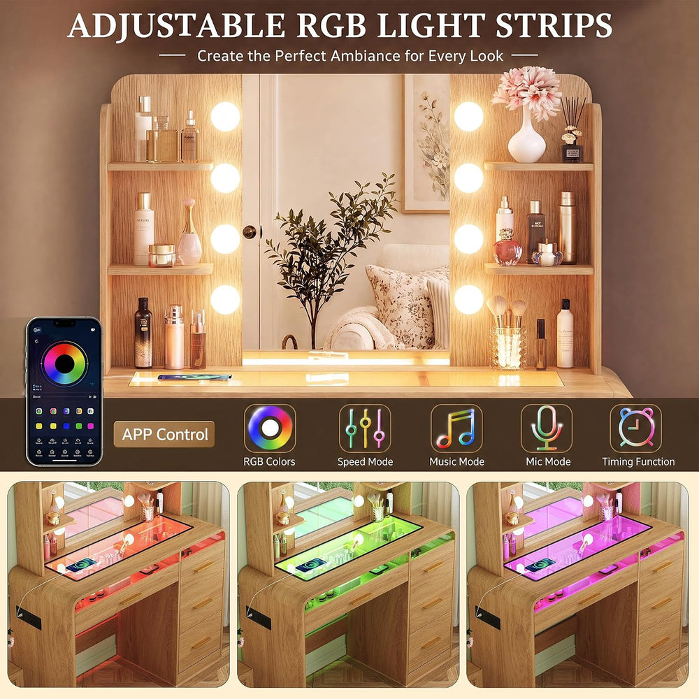 HUAHUU Vanity Desk with Mirror and Lights, Makeup Vanity with 4 Drawers, Tran...