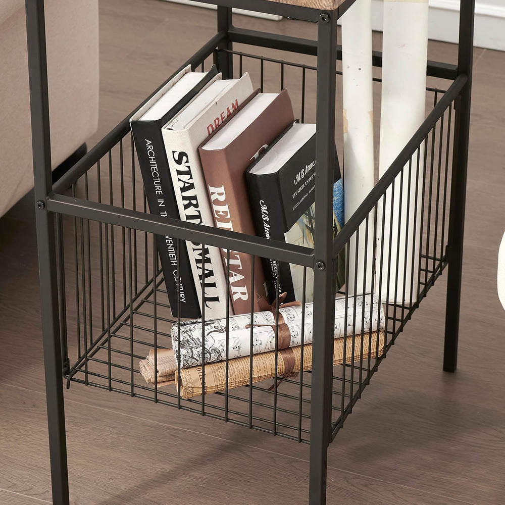 VECELO Tall End Table with Metal Basket,Nightstand with Shelf Storage Organiz...
