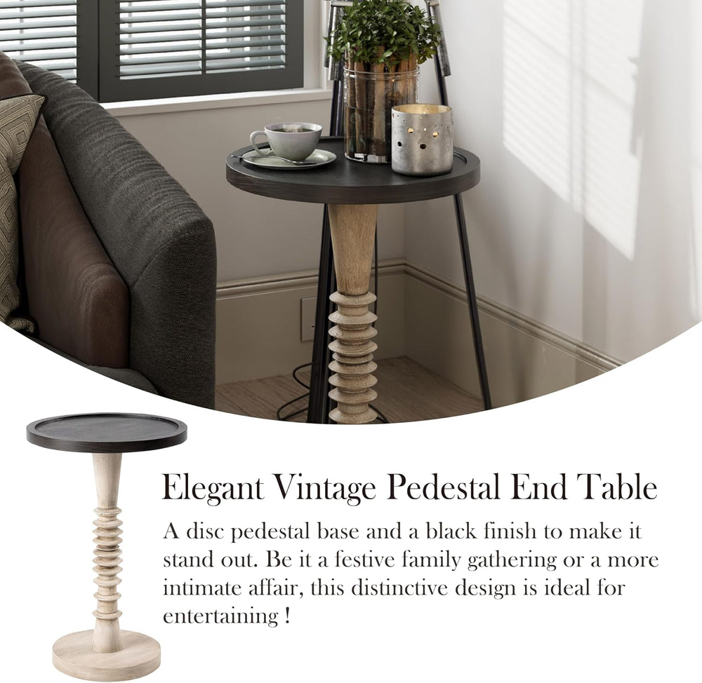 Pedestal Small Drinking Table, Farmhouse Tray Top End Table, Black Top, Distr...