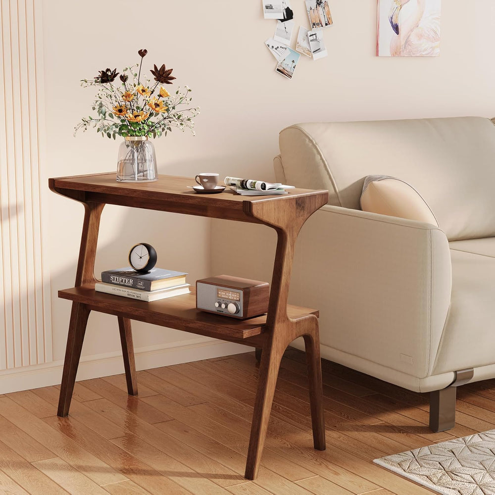 Solid Wood End Table, 2-Tier Side Table with Storage Shelf, Wooden Modern Acc...