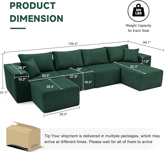 135.4" Cloud Couch Sectional, Modular Sectional Sofa with Deep Seat, Plu...