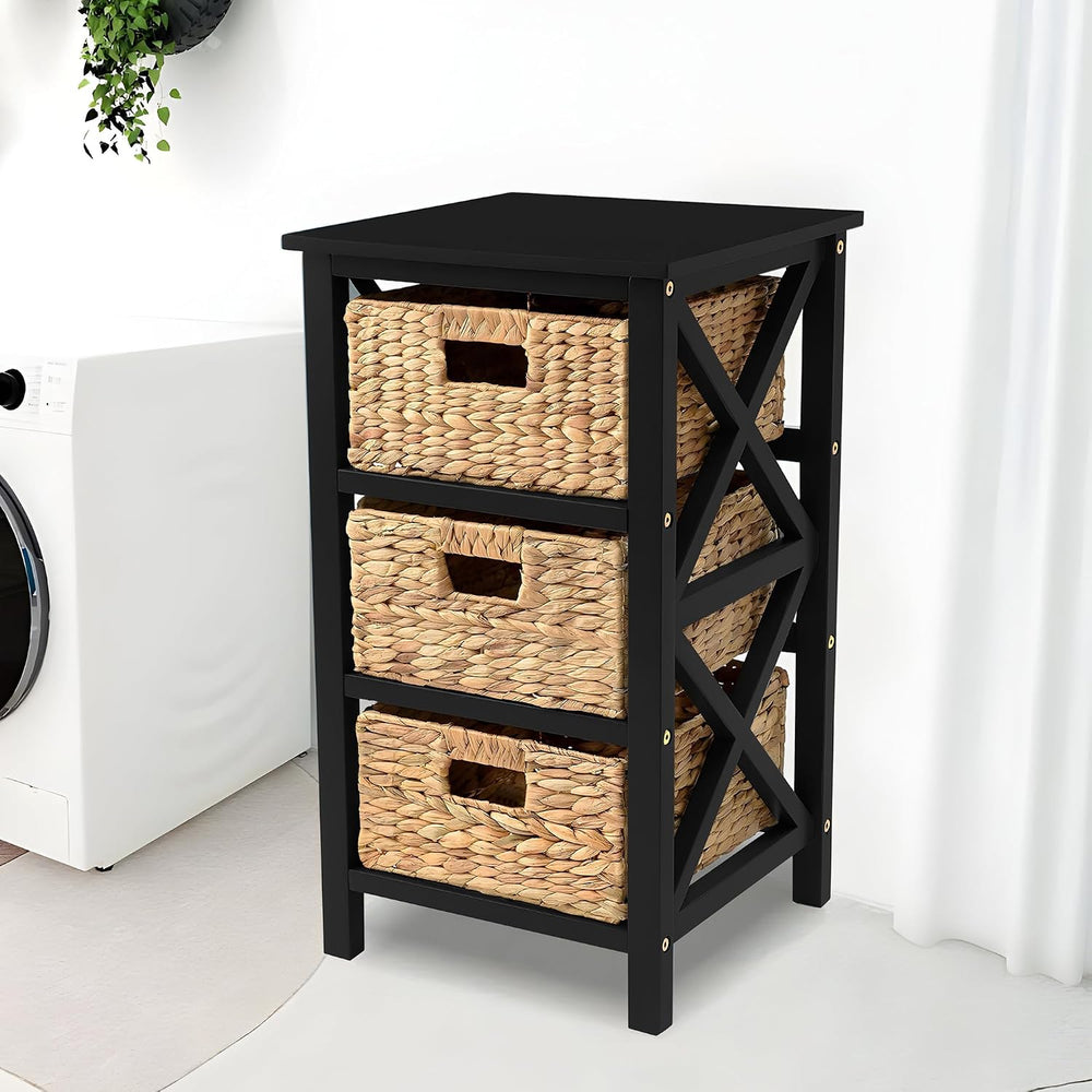 eHemco 3 Tier X-Side End Table with Wicker Baskets for Bedside, Living Room, ...