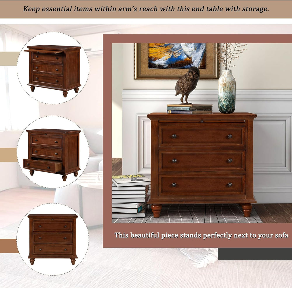 3-Drawer Storage Wood Cabinet, End Table Set of Two with Pull Out Tray,Nights...