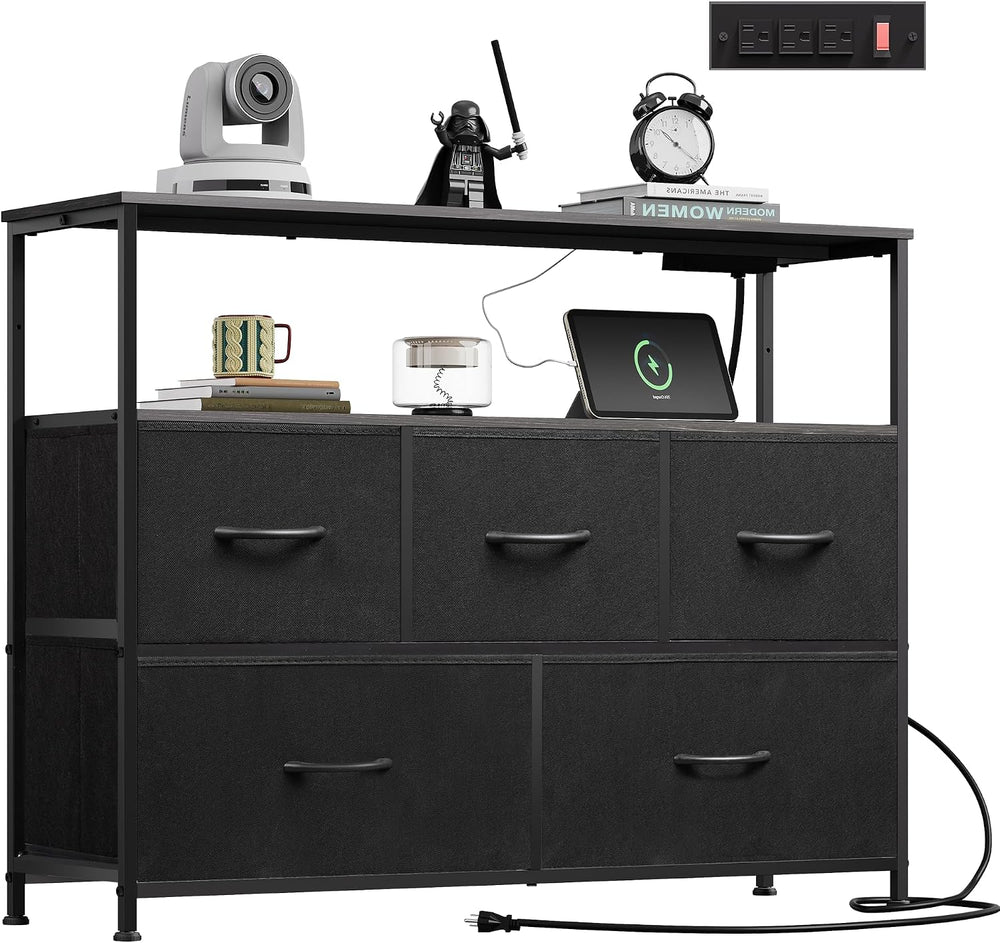WLIVE 5 Drawer Fabric Dresser Charging Station Bedroom Chest, Black
