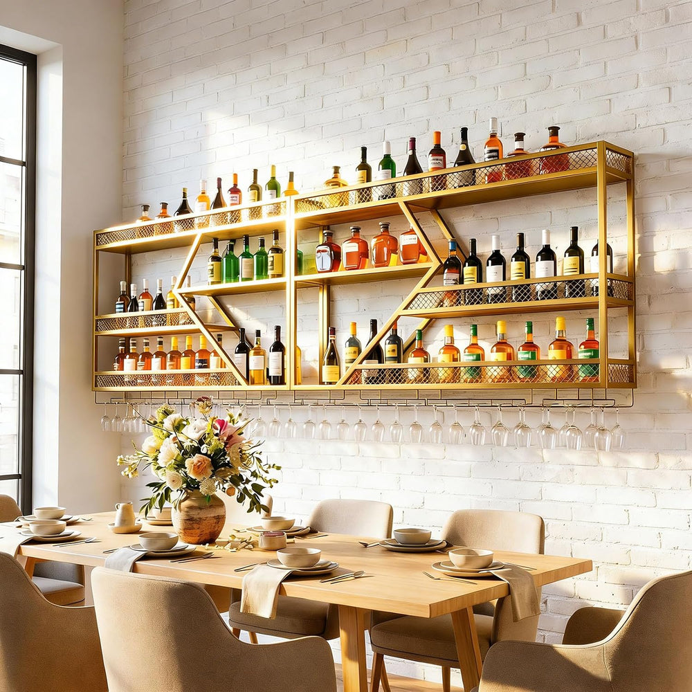 Wall Mounted Wine Rack, 71 Inch, 3-Tier Metal Bottle Shelf with Wine Glass Ho...
