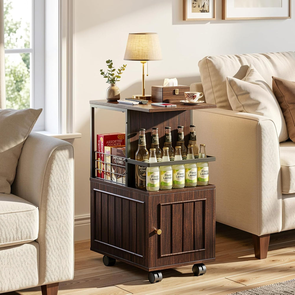 Narrow End Table with Storage Cabinet, Small Side Table with Open Storage Are...