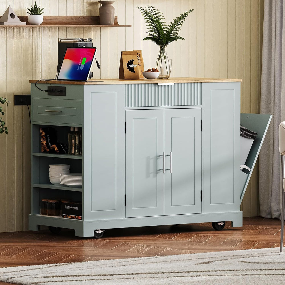 Kitchen Island with Trash Can Storage Cabinet and Power Outlet, Rolling Kitch...