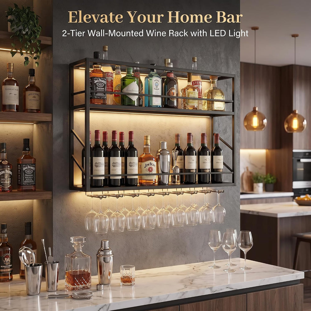 2-Tier Wall Mounted Wine Rack with LED, 31.5”W x 7.8”D x 26”H | Metal Bar Liq...