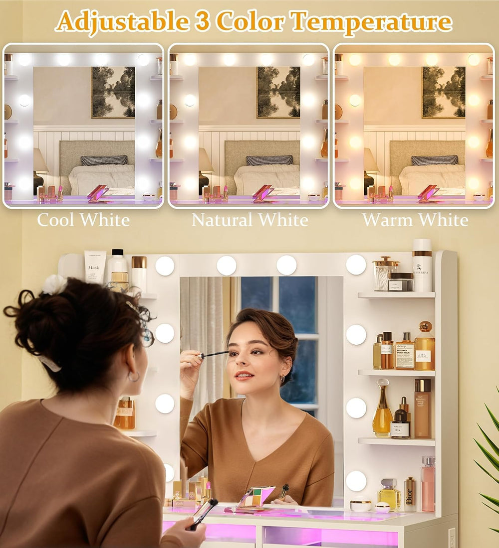 HUAHUU Vanity Desk with Mirror and Lights, Makeup Vanity Desk with Lights 3 C...