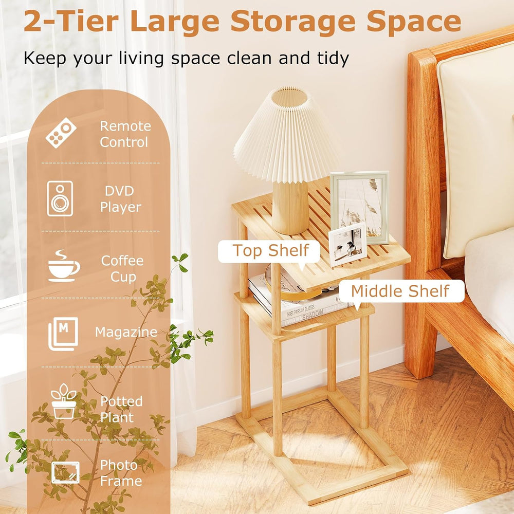 Giantex Bamboo Side Table Set of 2, 3-Tier Narrow End Table with Storage Shel...