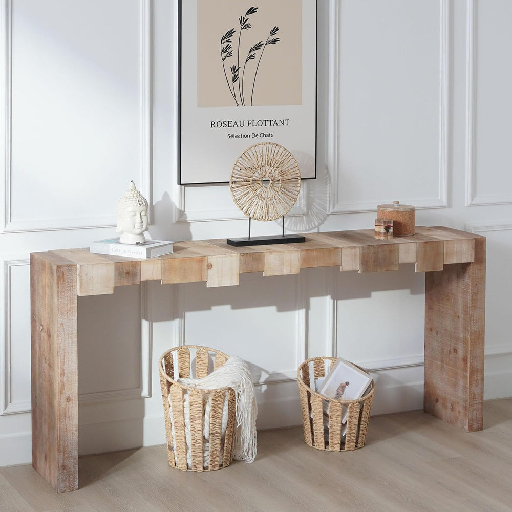 71" Rustic Wooden Console Table with Step-Block Design | Mid Century Mod...