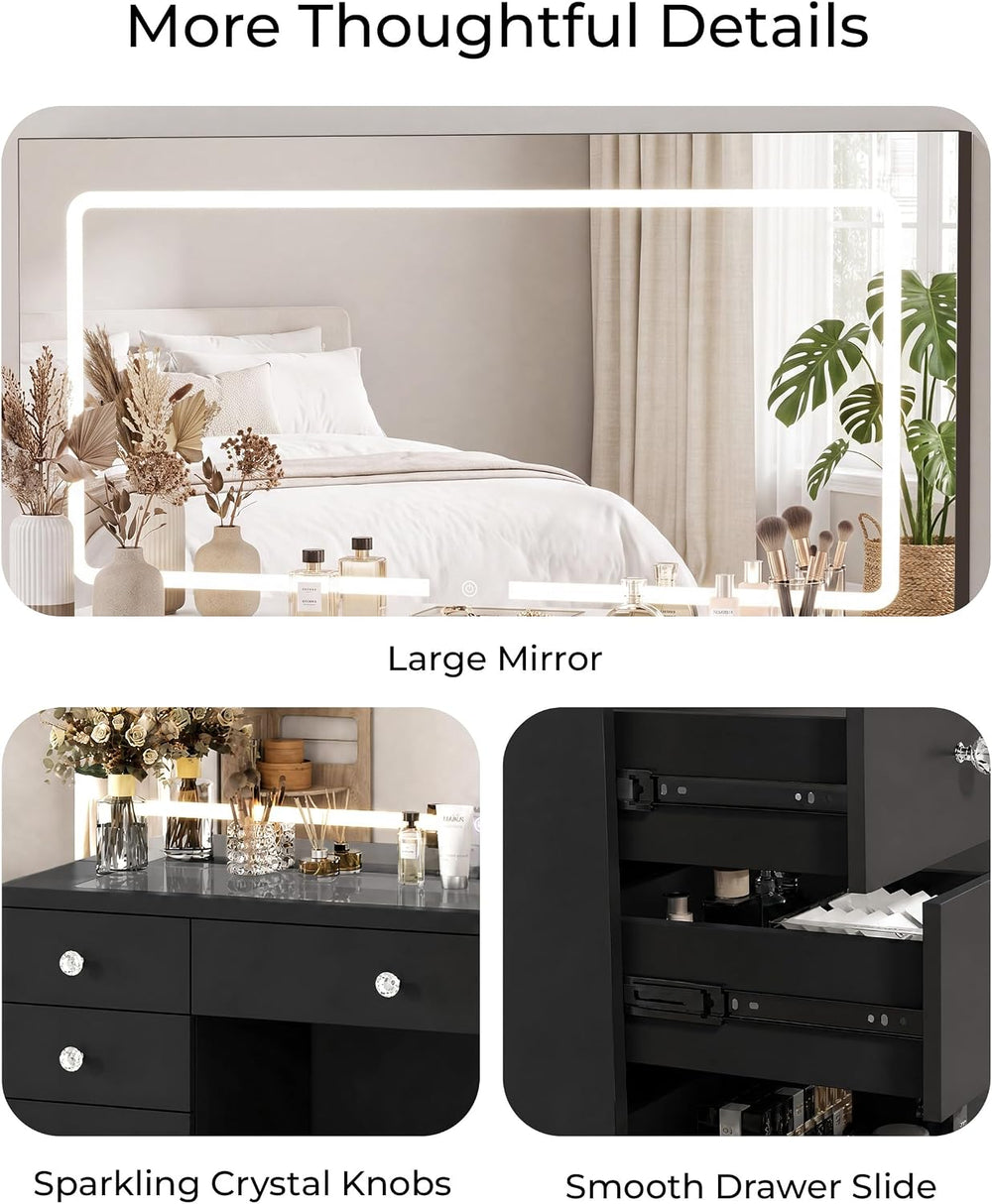 Otterease Black Makeup Vanity with Mirror and Lights,11 Drawers & Glass T...
