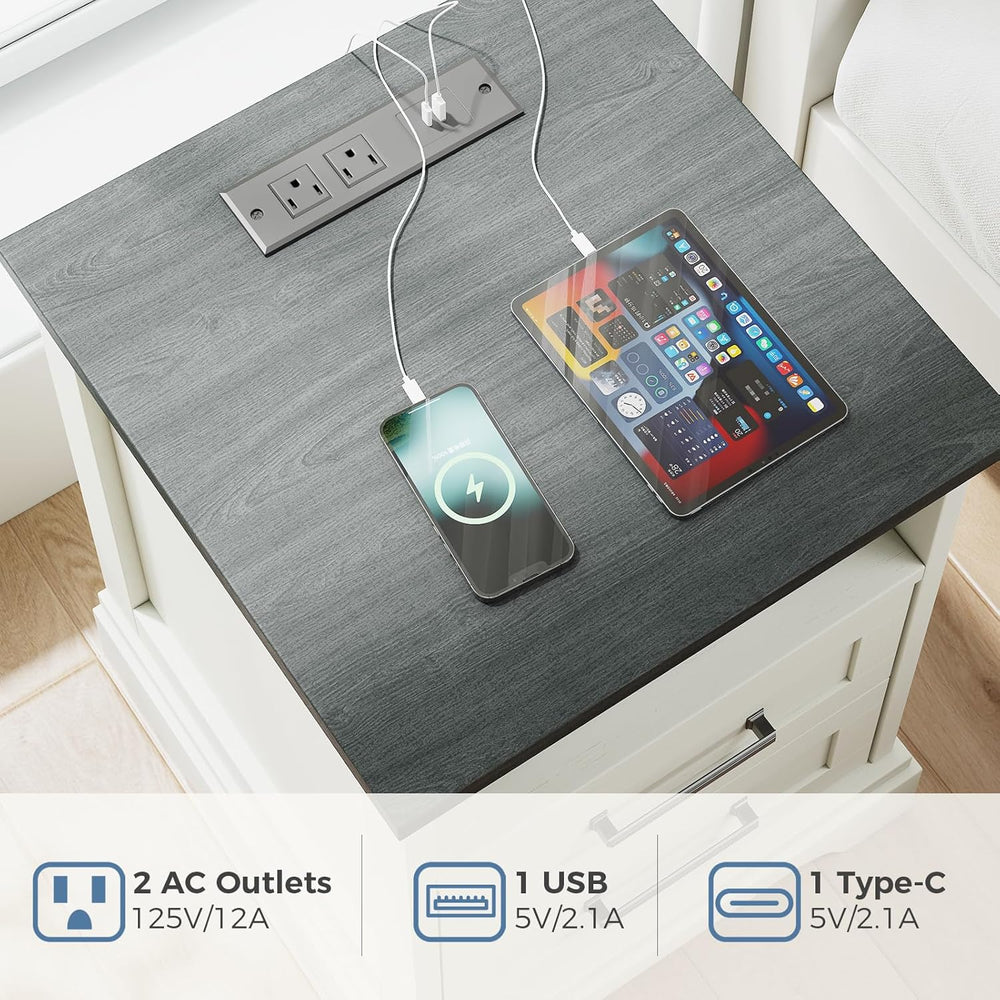 DUMOS Farmhouse Nightstand with Charging Station & USB Ports