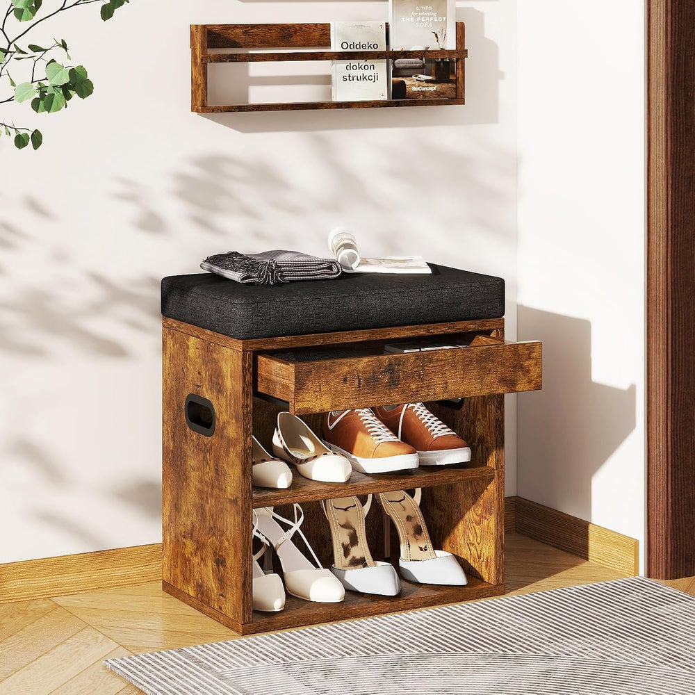 YMYNY Small Shoe Storage Bench with Cushion and Drawer, 2 Tier Adjustable Ent...