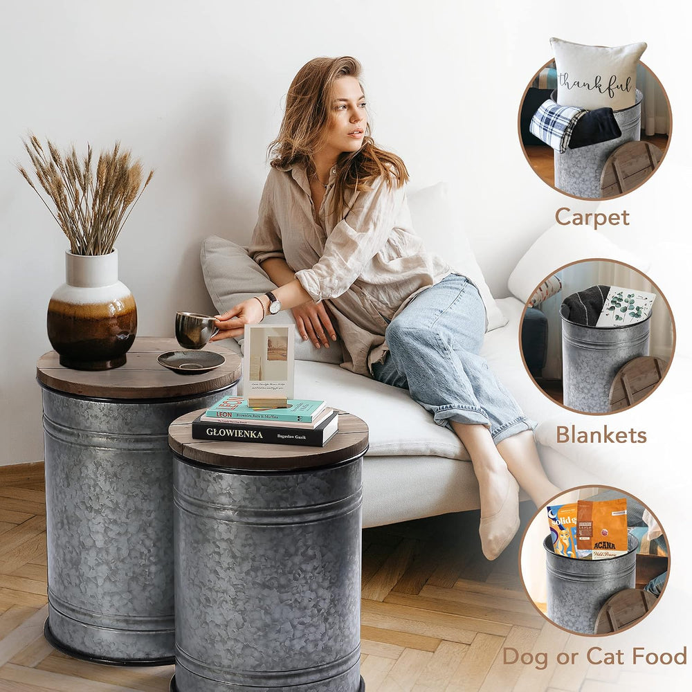 RUSTOWN Farmhouse Accent Side Table, Set of 2 Galvanized Storage Ottoman
