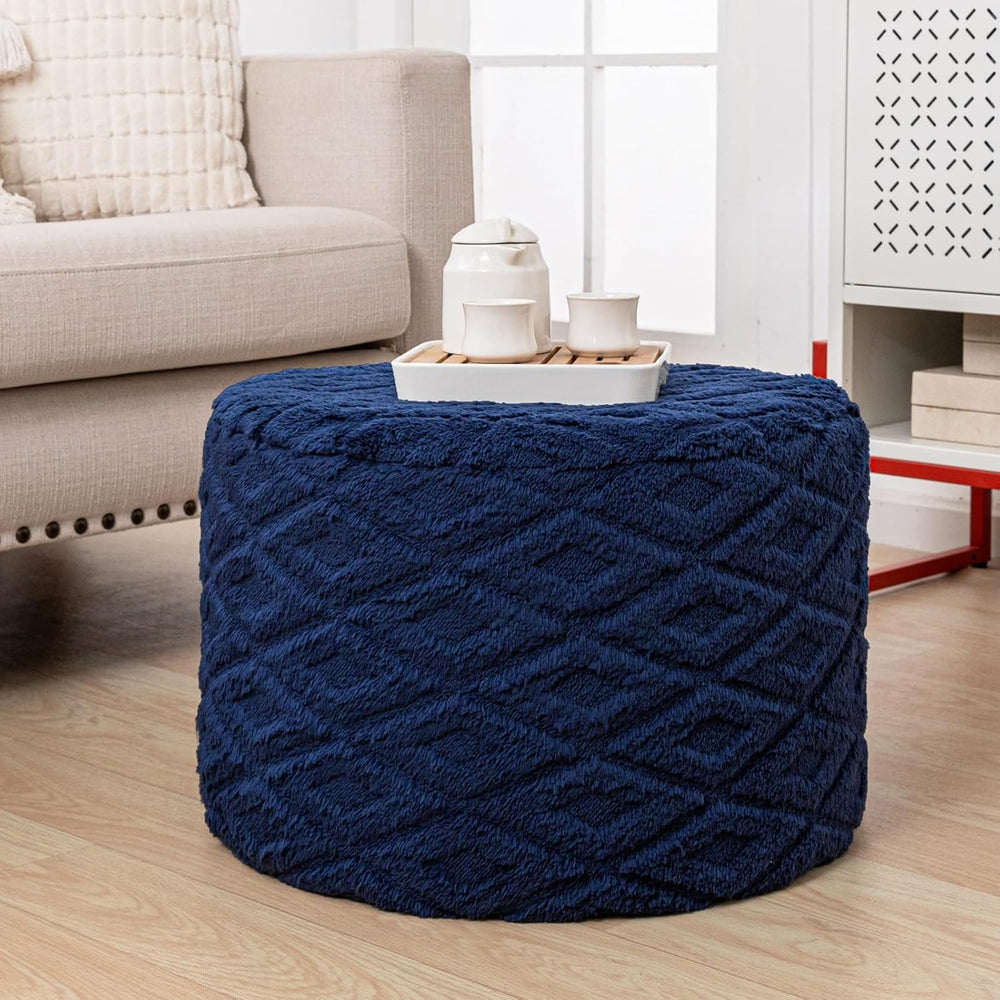 Round Ottoman Pouf, All-in-One Foam Filling Foot Rest 20x14In Navy | Stuffed ...