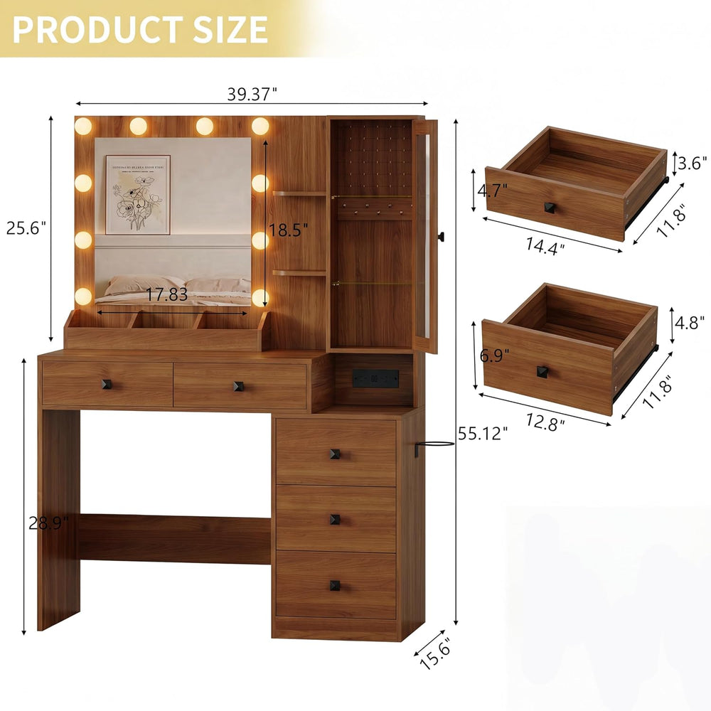 Xixini Vanity Desk with Mirror and Lights, Makeup Vanity Table Set with 5 Sto...