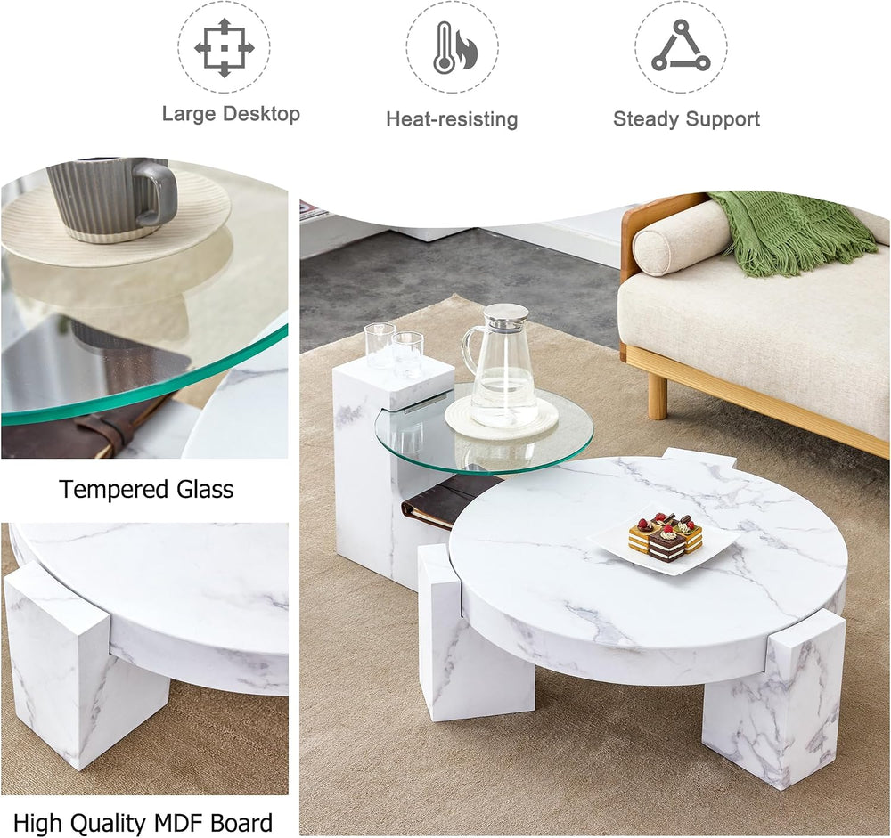 Modern Coffee Table Set of 2, 29.9" Round Wooden Coffee Table with White...