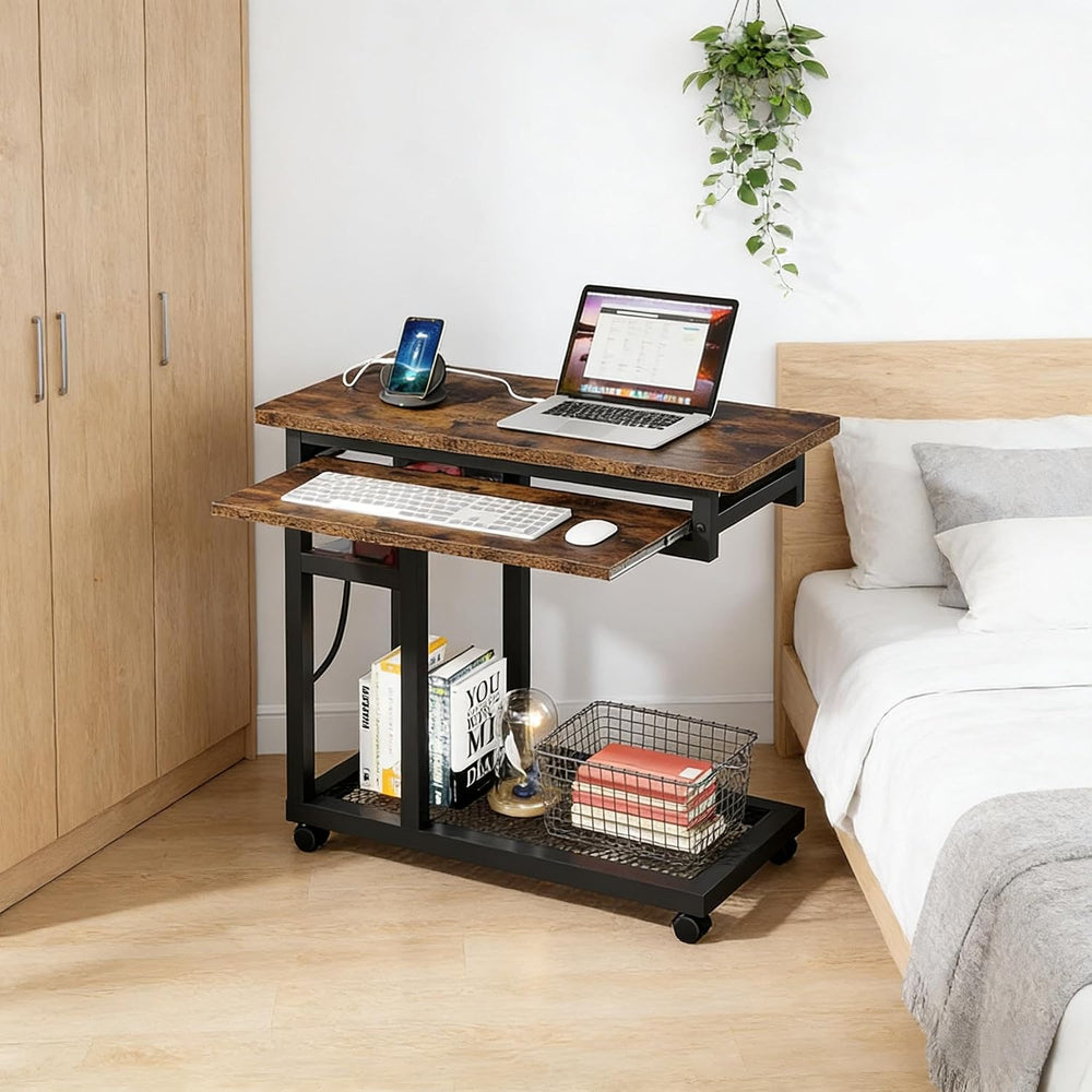 Side Table with Wheels, Mobile C Table,Narrow Desk,Convenient Charging Station