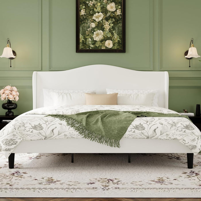 HA CERLIN King Size Bed Frame with Curved Wingback Headboard,Soft White