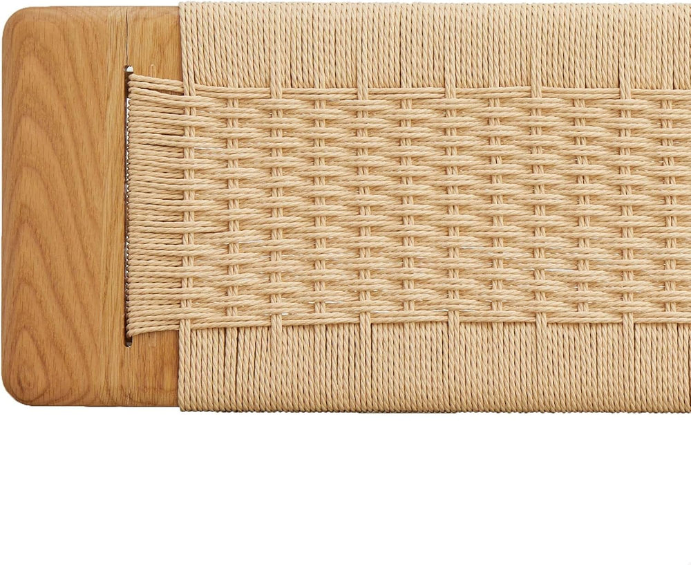 47.24" Natural Oak Wood Dining Bench with Woven Cane Seat Solid Wood Ent...