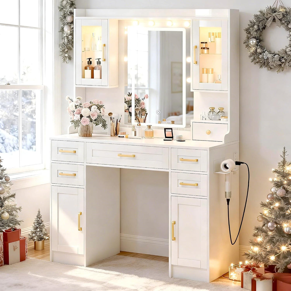 KAMABOKO Vanity Desk with Mirror and LED Lights & Power Outlet | Large Ma...