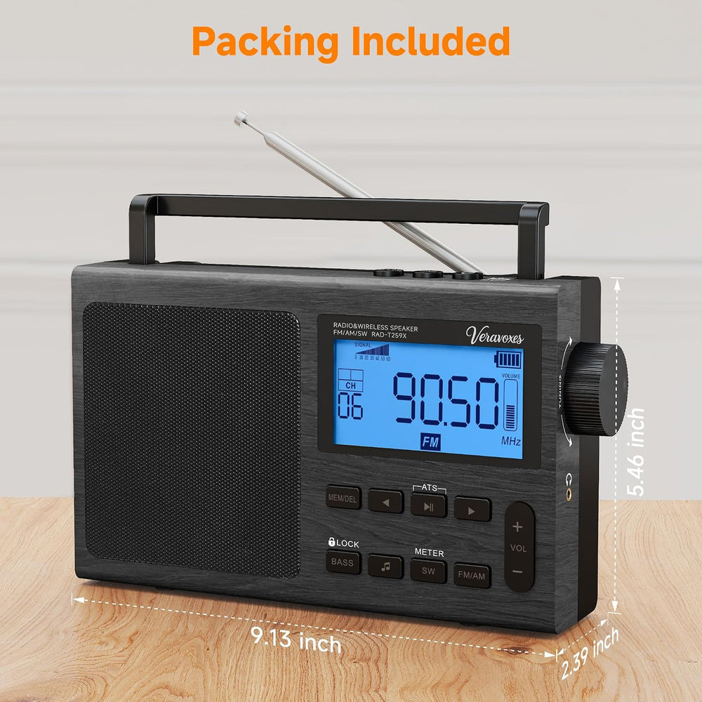Portable Bluetooth AM FM Shortwave Radio AC & Battery Powered
