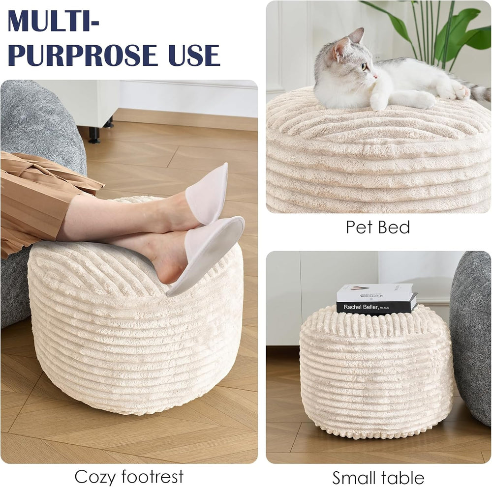Stuffed Round Ottoman,Corduroy Pouf Ottoman Foot Rest,20 X 15 in,Beige | Memo...