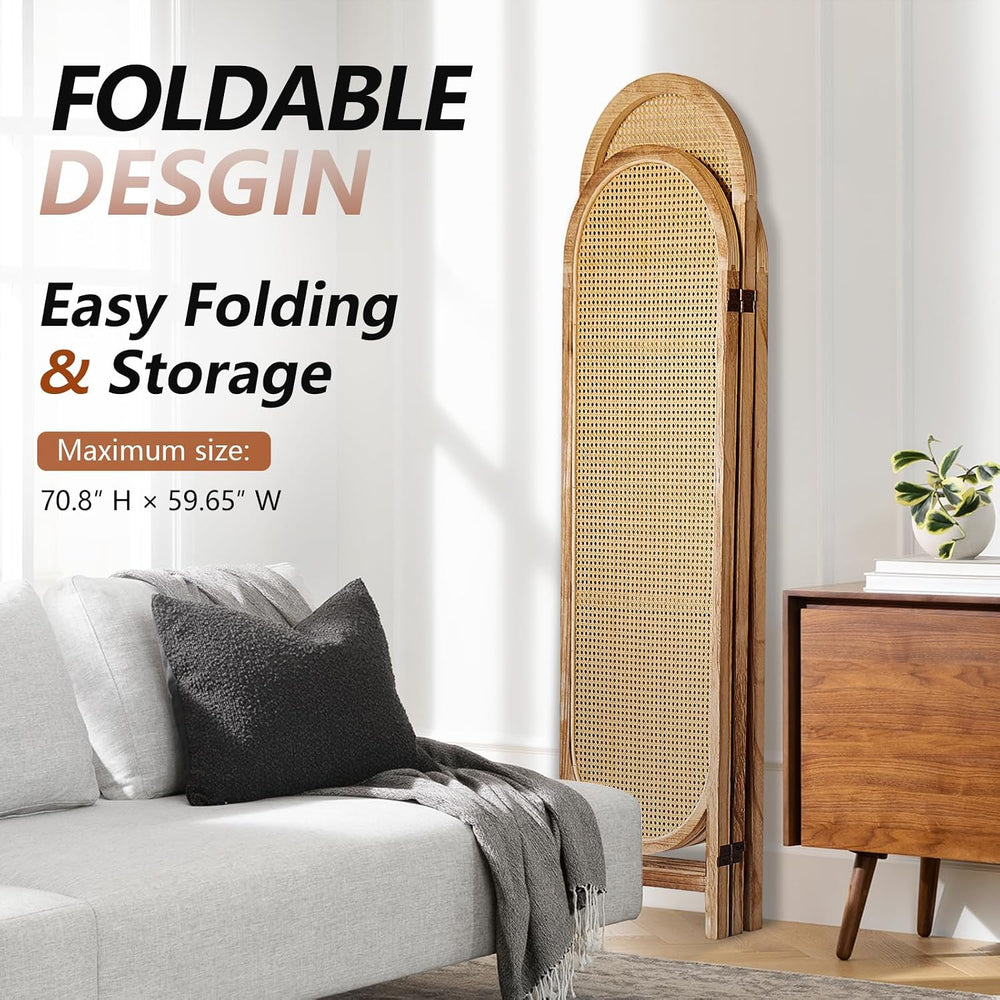 3 Panel Rattan Room Divider Screen, Boho Folding Privacy Screen