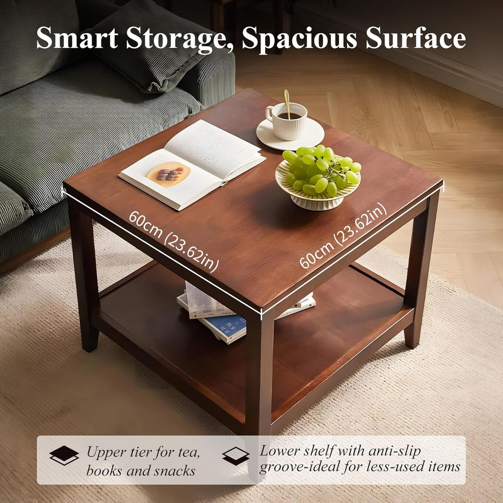 Side Table, Solid Wood Square End Table with Storage Shelf, 2-Tier Coffee Tab...
