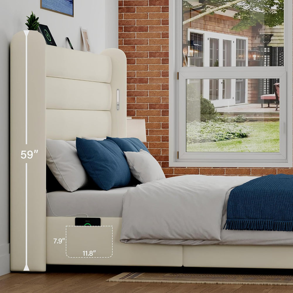 Queen Size Bed Frame with 59'' Tall Headboard with Readlight, White