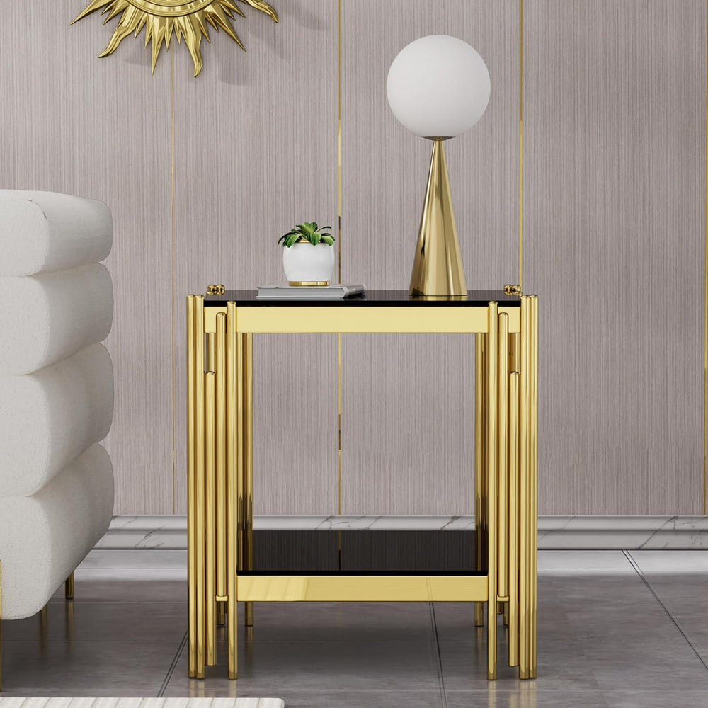 Luxury Gold Glass End Table,Sqaure Sofa Side Table with Shiny Geometric Stain...