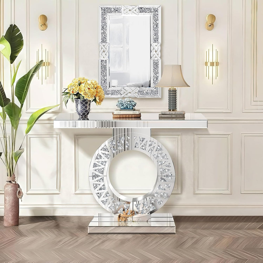 Modern Mirrored Entryway Console Tables with Crushed Diamond Inlay, 39.4"...