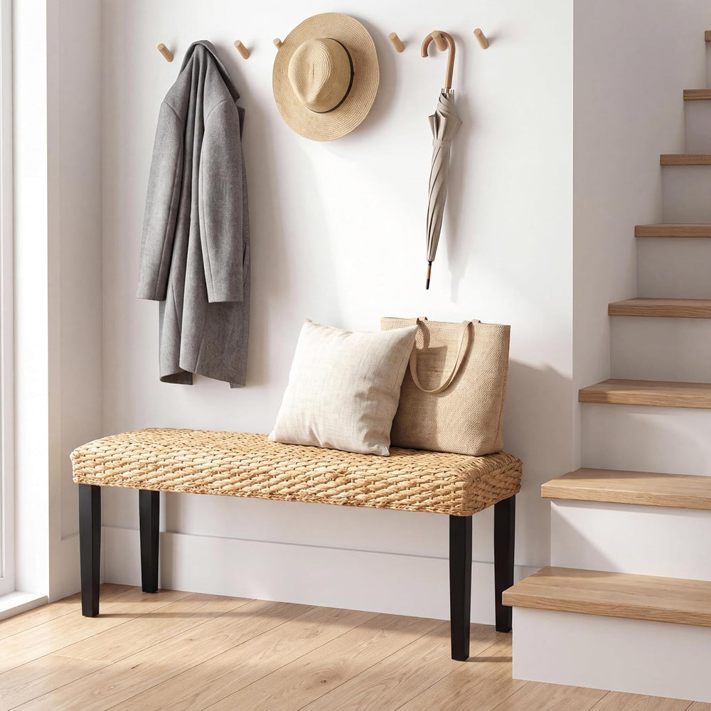 Solid Wood Acacia Indoor Bench, Water Hyacinth Seat, Black Leg, Plait Style |...