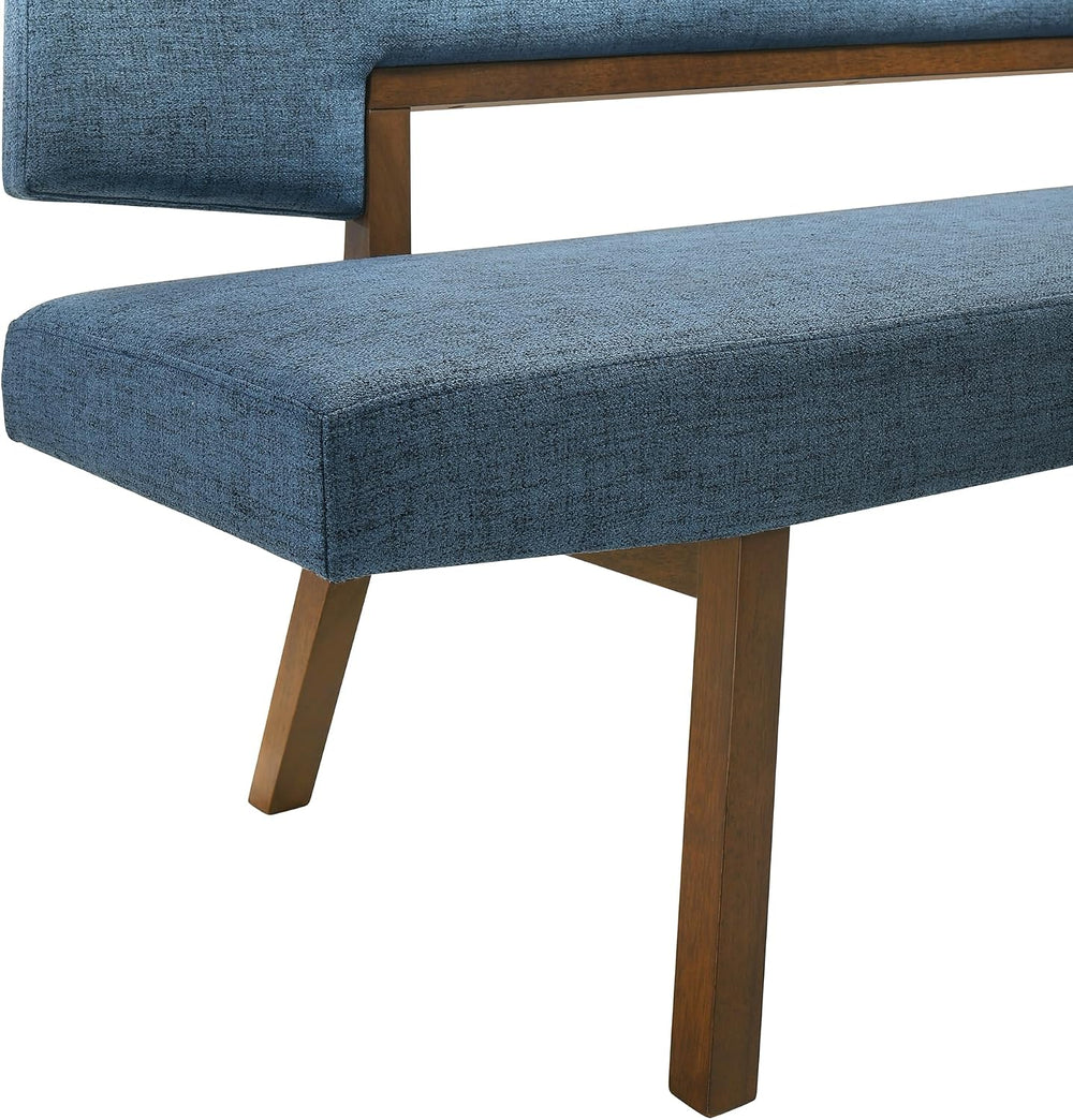 Channell Wood Dining Bench in Walnut Finish with Blue Fabric
