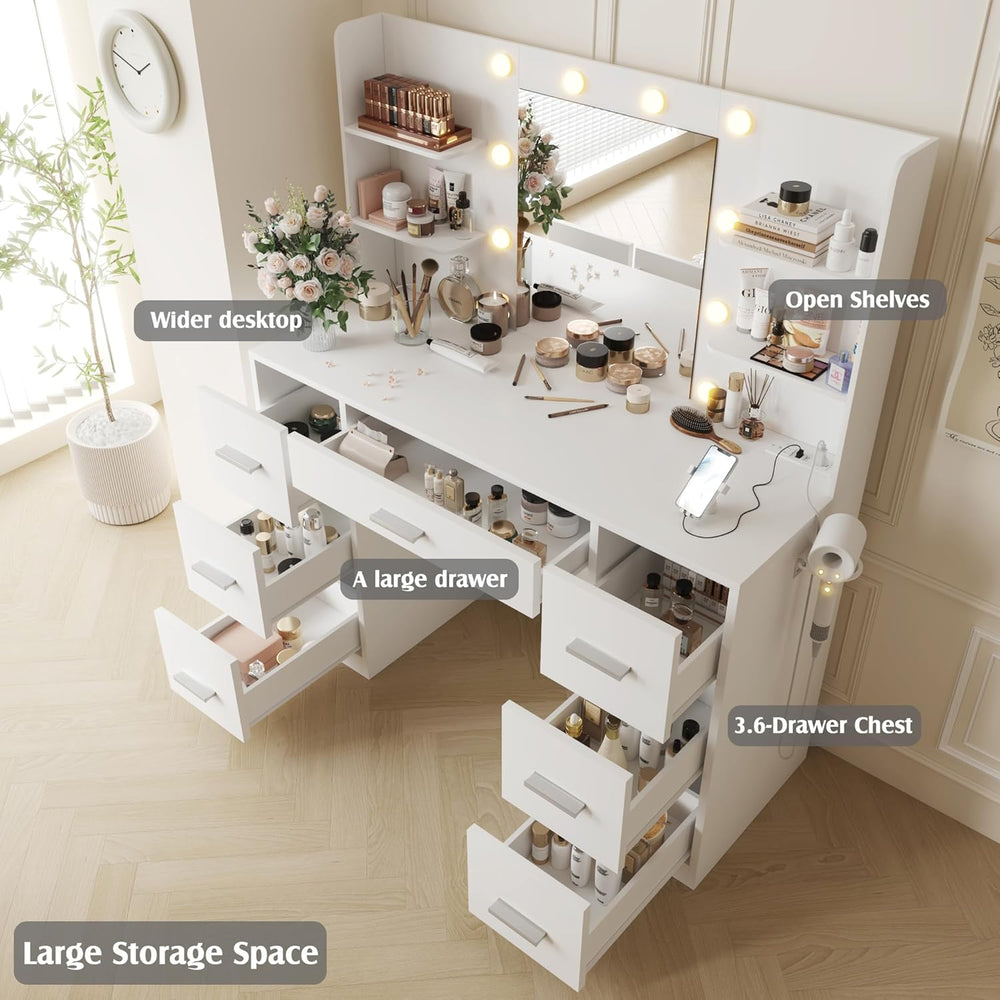 YESHOMY Vanity Desk with Mirror, Outlet, 10 Lights & 7 Drawers,White