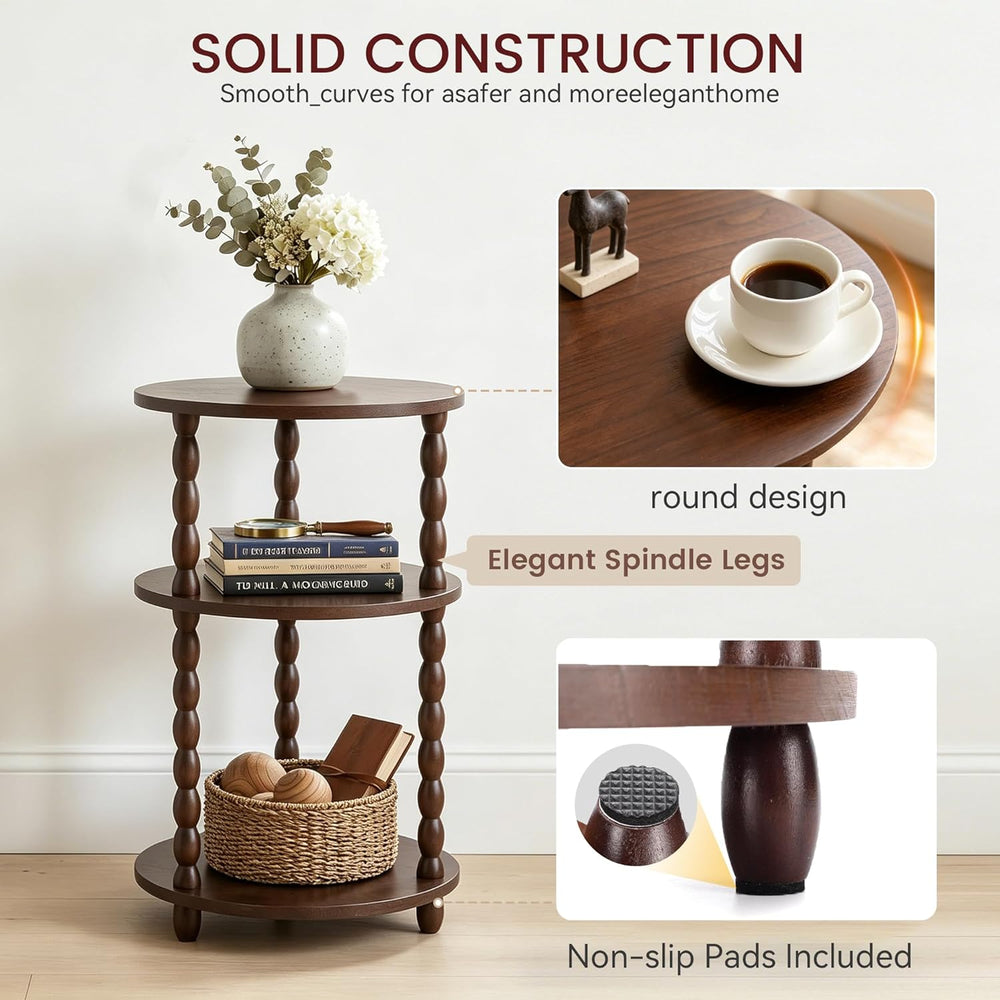 Small Round Side Table, 3-Tier Solid Wood End Table with Storage Shelf, Moder...