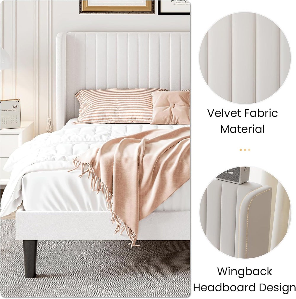 SHA CERLIN Full Size Velvet Bed Frame, Tufted Wingback Headboard, White