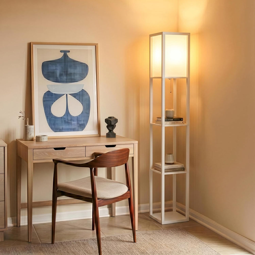 Brightech Maxwell - Modern Shelf Floor Lamp with Lamp Shade & Warm White ...