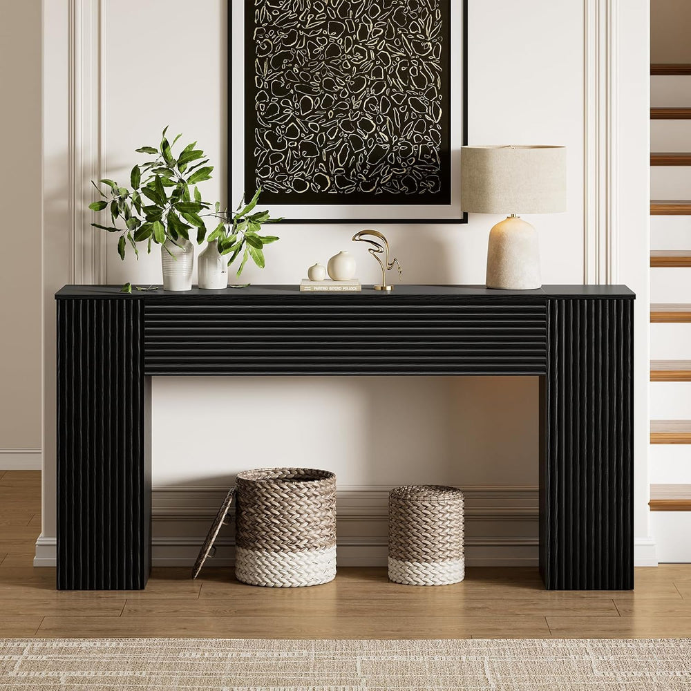 FABATO 61” Fluted Long Console Table with 2 Hidden Storage Cabinets, Black