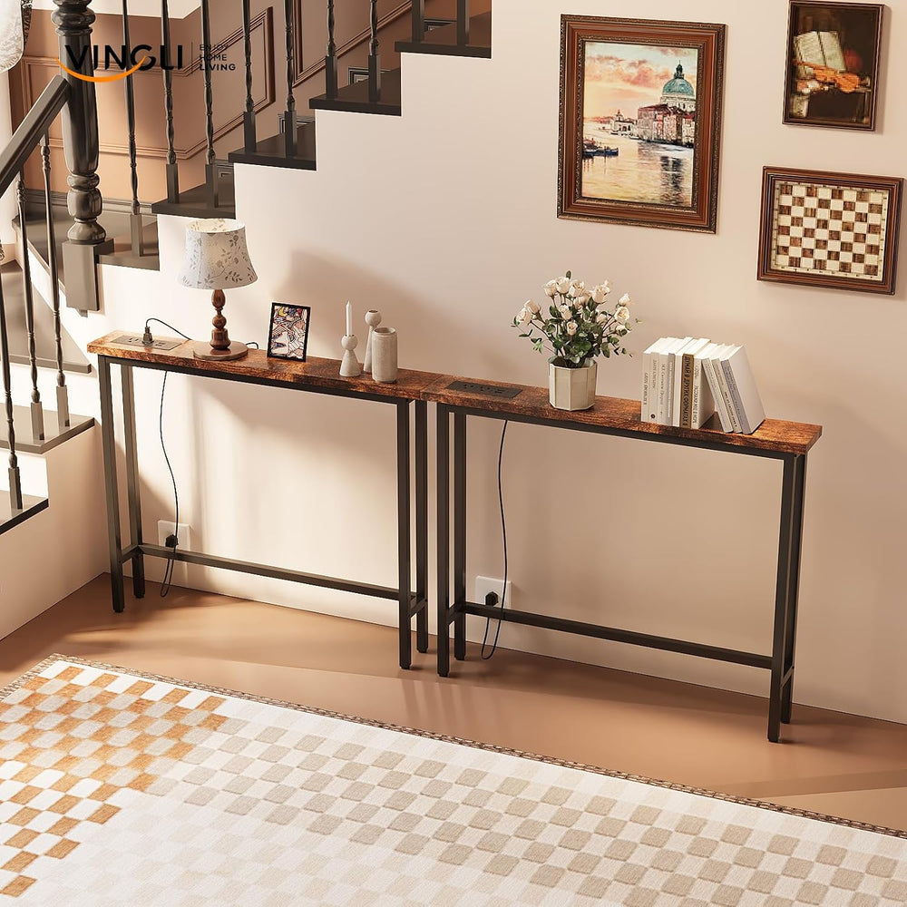 VINGLI 79" Narrow Console Table with Power Outlet 2 Pack, Rustic Brown |...