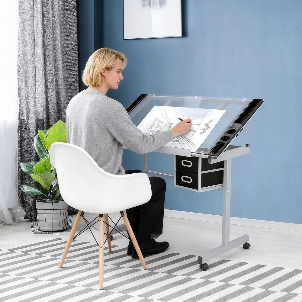 ZENY Glass Drafting Table for Artists | Mobile Rolling Drawing Desk with Adju...