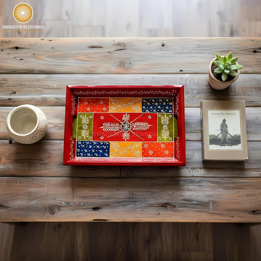 Swadeshi Blessings Hand-Painted Wooden Serving Tray Set of 3, Antique Red